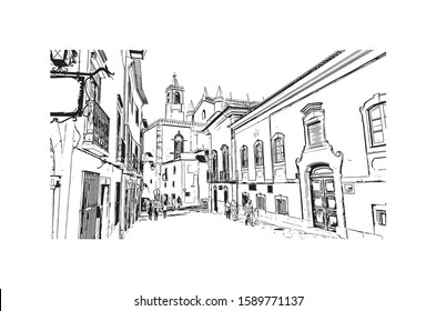 Building view with landmark of Evora is the capital of Portugal's south-central Alentejo region. Hand drawn sketch illustration in vector.