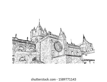 Building view with landmark of Evora is the capital of Portugal's south-central Alentejo region. Hand drawn sketch illustration in vector.