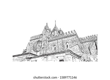 Building view with landmark of Evora is the capital of Portugal's south-central Alentejo region. Hand drawn sketch illustration in vector.