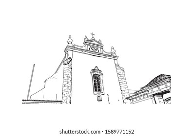 Building view with landmark of Evora is the capital of Portugal's south-central Alentejo region. Hand drawn sketch illustration in vector.