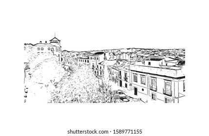 Building view with landmark of Evora is the capital of Portugal's south-central Alentejo region. Hand drawn sketch illustration in vector.