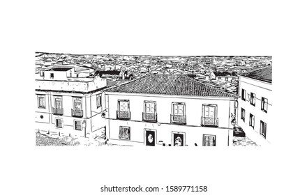 Building view with landmark of Evora is the capital of Portugal's south-central Alentejo region. Hand drawn sketch illustration in vector.