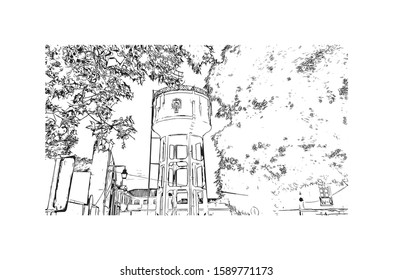 Building view with landmark of Evora is the capital of Portugal's south-central Alentejo region. Hand drawn sketch illustration in vector.