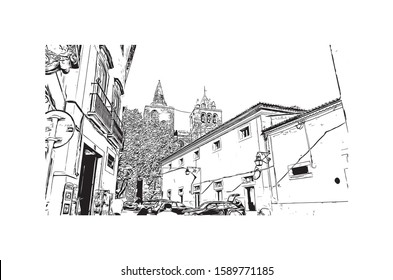 Building view with landmark of Evora is the capital of Portugal's south-central Alentejo region. Hand drawn sketch illustration in vector.