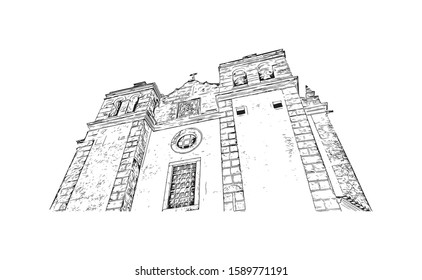 Building view with landmark of Evora is the capital of Portugal's south-central Alentejo region. Hand drawn sketch illustration in vector.