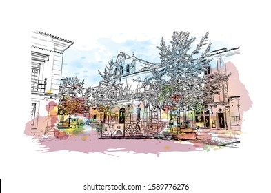 Building view with landmark of Evora is the capital of Portugal's south-central Alentejo region. Watercolor splash with hand drawn sketch illustration in vector.