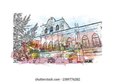 Building view with landmark of Evora is the capital of Portugal's south-central Alentejo region. Watercolor splash with hand drawn sketch illustration in vector.