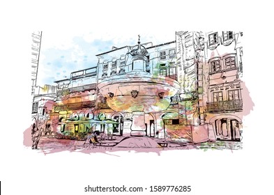 Building view with landmark of Evora is the capital of Portugal's south-central Alentejo region. Watercolor splash with hand drawn sketch illustration in vector.