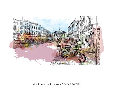 Building view with landmark of Evora is the capital of Portugal's south-central Alentejo region. Watercolor splash with hand drawn sketch illustration in vector.