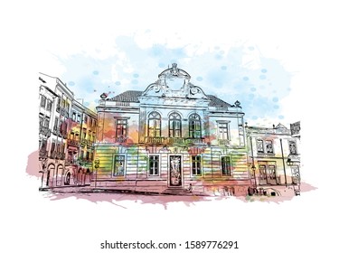 Building view with landmark of Evora is the capital of Portugal's south-central Alentejo region. Watercolor splash with hand drawn sketch illustration in vector.