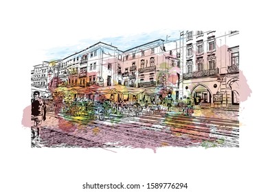 Building view with landmark of Evora is the capital of Portugal's south-central Alentejo region. Watercolor splash with hand drawn sketch illustration in vector.