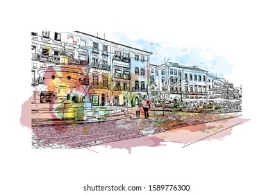 Building view with landmark of Evora is the capital of Portugal's south-central Alentejo region. Watercolor splash with hand drawn sketch illustration in vector.