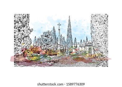 Building view with landmark of Evora is the capital of Portugal's south-central Alentejo region. Watercolor splash with hand drawn sketch illustration in vector.