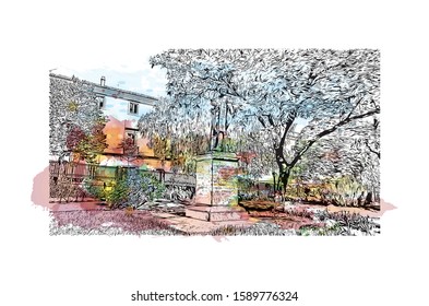 Building view with landmark of Evora is the capital of Portugal's south-central Alentejo region. Watercolor splash with hand drawn sketch illustration in vector.