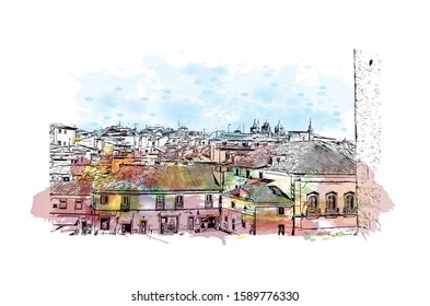 Building view with landmark of Evora is the capital of Portugal's south-central Alentejo region. Watercolor splash with hand drawn sketch illustration in vector.