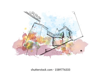 Building view with landmark of Evora is the capital of Portugal's south-central Alentejo region. Watercolor splash with hand drawn sketch illustration in vector.