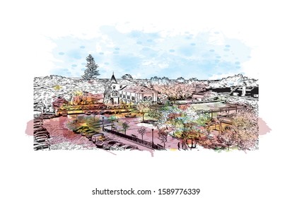 Building view with landmark of Evora is the capital of Portugal's south-central Alentejo region. Watercolor splash with hand drawn sketch illustration in vector.