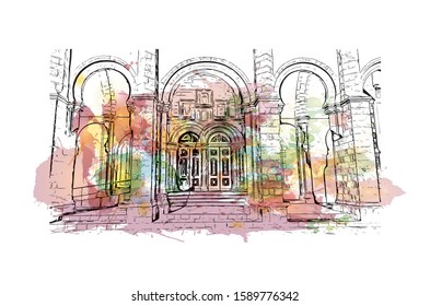 Building view with landmark of Evora is the capital of Portugal's south-central Alentejo region. Watercolor splash with hand drawn sketch illustration in vector.