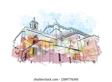 Building view with landmark of Evora is the capital of Portugal's south-central Alentejo region. Watercolor splash with hand drawn sketch illustration in vector.