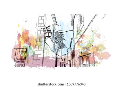 Building view with landmark of Evora is the capital of Portugal's south-central Alentejo region. Watercolor splash with hand drawn sketch illustration in vector.