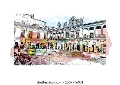 Building view with landmark of Evora is the capital of Portugal's south-central Alentejo region. Watercolor splash with hand drawn sketch illustration in vector.