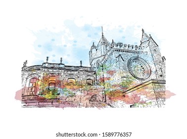 Building view with landmark of Evora is the capital of Portugal's south-central Alentejo region. Watercolor splash with hand drawn sketch illustration in vector.