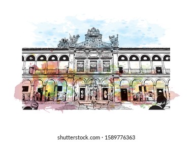 Building view with landmark of Evora is the capital of Portugal's south-central Alentejo region. Watercolor splash with hand drawn sketch illustration in vector.