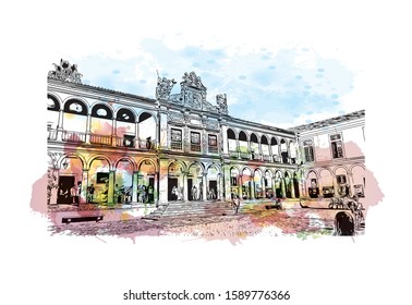 Building view with landmark of Evora is the capital of Portugal's south-central Alentejo region. Watercolor splash with hand drawn sketch illustration in vector.