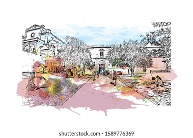 Building view with landmark of Evora is the capital of Portugal's south-central Alentejo region. Watercolor splash with hand drawn sketch illustration in vector.