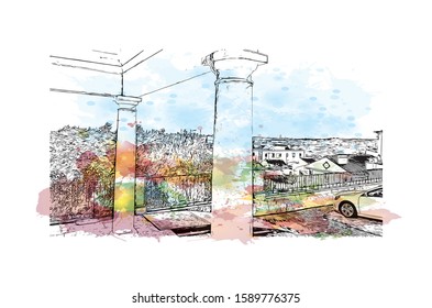 Building view with landmark of Evora is the capital of Portugal's south-central Alentejo region. Watercolor splash with hand drawn sketch illustration in vector.