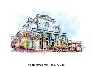 Building view with landmark of Evora is the capital of Portugal's south-central Alentejo region. Watercolor splash with hand drawn sketch illustration in vector.