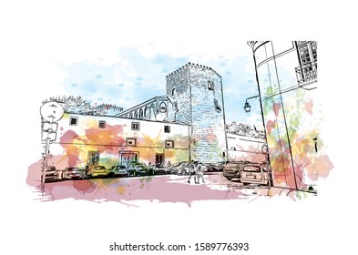 Building view with landmark of Evora is the capital of Portugal's south-central Alentejo region. Watercolor splash with hand drawn sketch illustration in vector.