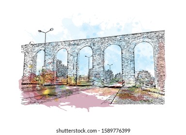 Building view with landmark of Evora is the capital of Portugal's south-central Alentejo region. Watercolor splash with hand drawn sketch illustration in vector.