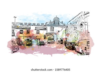 Building view with landmark of Evora is the capital of Portugal's south-central Alentejo region. Watercolor splash with hand drawn sketch illustration in vector.