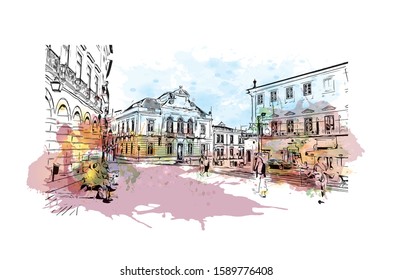 Building view with landmark of Evora is the capital of Portugal's south-central Alentejo region. Watercolor splash with hand drawn sketch illustration in vector.