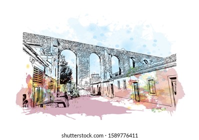 Building view with landmark of Evora is the capital of Portugal's south-central Alentejo region. Watercolor splash with hand drawn sketch illustration in vector.