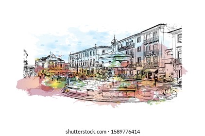 Building view with landmark of Evora is the capital of Portugal's south-central Alentejo region. Watercolor splash with hand drawn sketch illustration in vector.