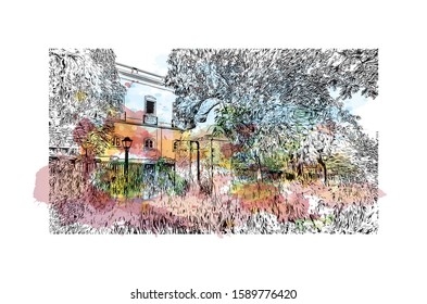 Building view with landmark of Evora is the capital of Portugal's south-central Alentejo region. Watercolor splash with hand drawn sketch illustration in vector.