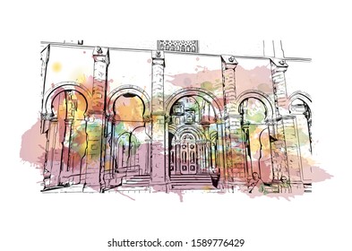 Building view with landmark of Evora is the capital of Portugal's south-central Alentejo region. Watercolor splash with hand drawn sketch illustration in vector.