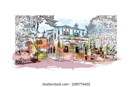 Building view with landmark of Evora is the capital of Portugal's south-central Alentejo region. Watercolor splash with hand drawn sketch illustration in vector.