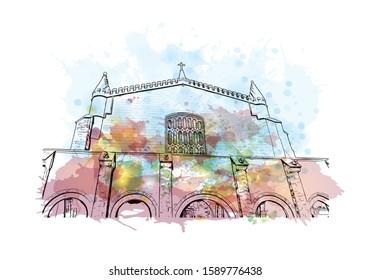 Building view with landmark of Evora is the capital of Portugal's south-central Alentejo region. Watercolor splash with hand drawn sketch illustration in vector.