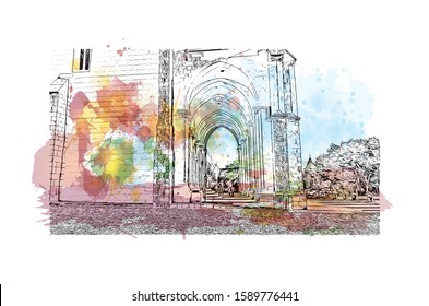 Building view with landmark of Evora is the capital of Portugal's south-central Alentejo region. Watercolor splash with hand drawn sketch illustration in vector.