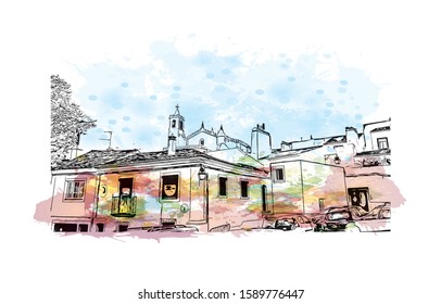 Building view with landmark of Evora is the capital of Portugal's south-central Alentejo region. Watercolor splash with hand drawn sketch illustration in vector.