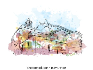 Building view with landmark of Evora is the capital of Portugal's south-central Alentejo region. Watercolor splash with hand drawn sketch illustration in vector.