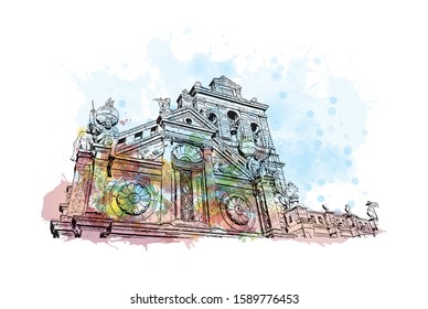 Building view with landmark of Evora is the capital of Portugal's south-central Alentejo region. Watercolor splash with hand drawn sketch illustration in vector.