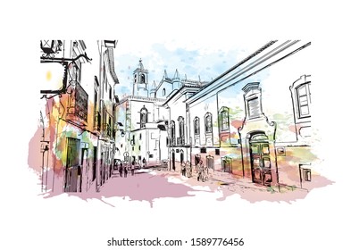 Building view with landmark of Evora is the capital of Portugal's south-central Alentejo region. Watercolor splash with hand drawn sketch illustration in vector.