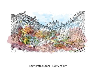 Building view with landmark of Evora is the capital of Portugal's south-central Alentejo region. Watercolor splash with hand drawn sketch illustration in vector.