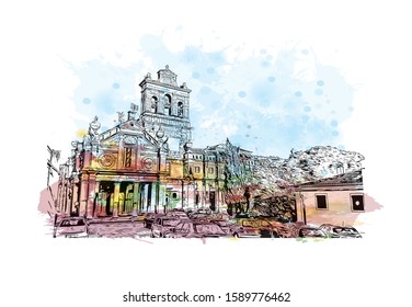 Building view with landmark of Evora is the capital of Portugal's south-central Alentejo region. Watercolor splash with hand drawn sketch illustration in vector.