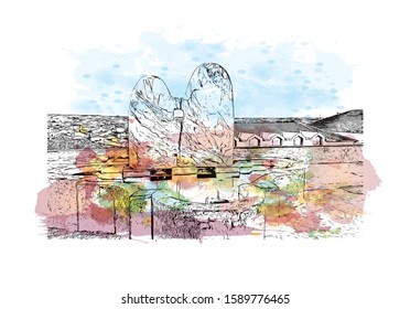 Building view with landmark of Evora is the capital of Portugal's south-central Alentejo region. Watercolor splash with hand drawn sketch illustration in vector.