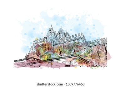 Building view with landmark of Evora is the capital of Portugal's south-central Alentejo region. Watercolor splash with hand drawn sketch illustration in vector.